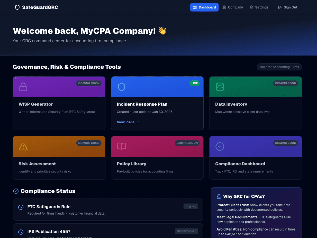 SafeGuardGRC Dashboard - Compliance Management Interface